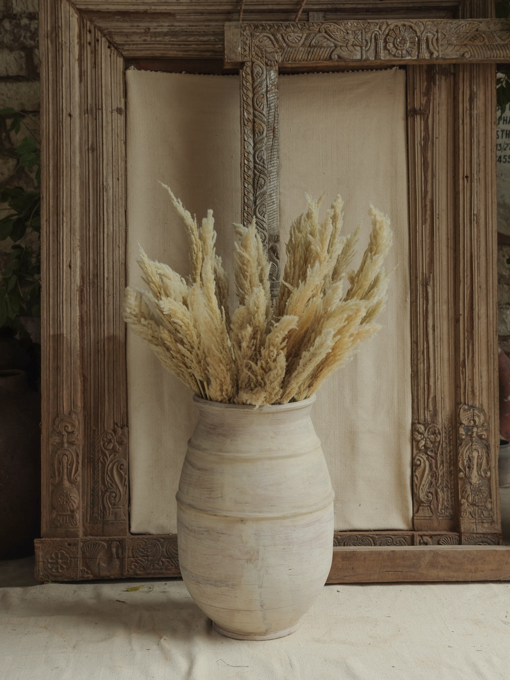 Ekaurr Terracotta Gigantic Urn in Stone Finish Large handmade by Indian artisans whitewashed stone finish vintage centerpiece planter