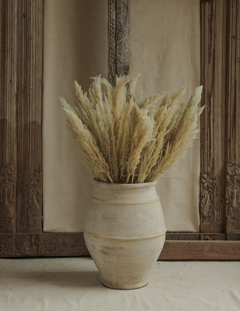 Ekaurr Terracotta Gigantic Urn in Stone Finish Small handmade by Indian artisans distressed white stone finish vintage charm planter
