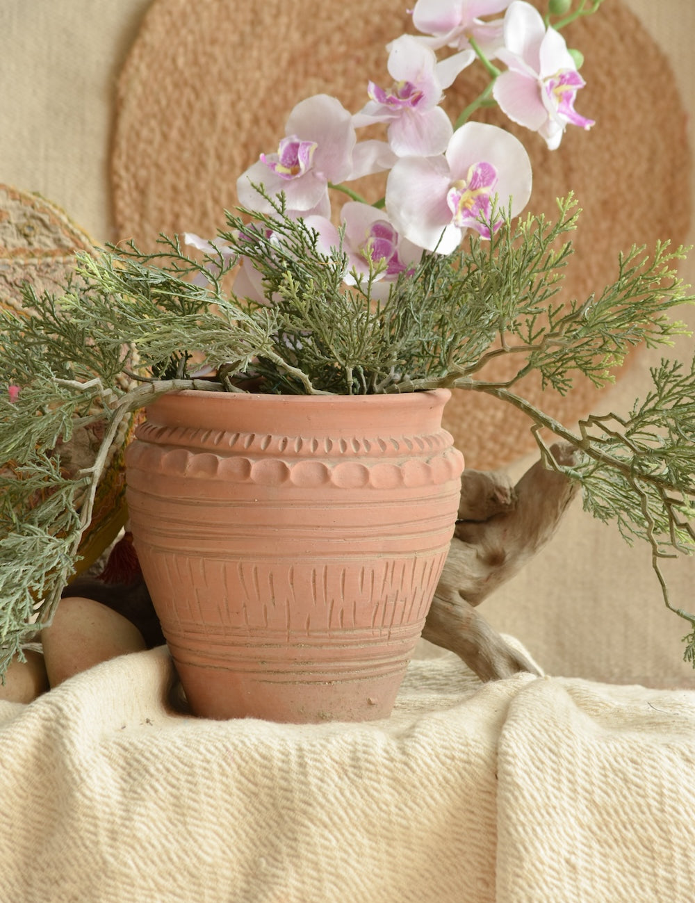 Ekaurr Terracotta Planter with Design featuring intricate hand-carved surface pattern, handmade earthy rustic pot for succulents, small plants or indoor decorative display