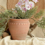 Ekaurr Terracotta Planter with Design featuring intricate hand-carved surface pattern, handmade earthy rustic pot for succulents, small plants or indoor decorative display