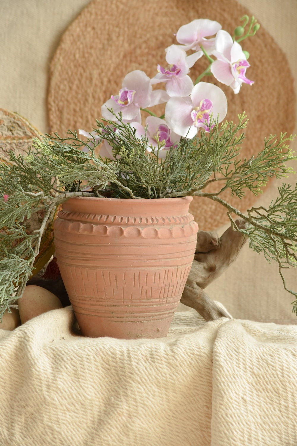 Ekaurr Terracotta Planter with Design featuring intricate hand-carved surface pattern, handmade earthy rustic pot for succulents, small plants or indoor decorative display