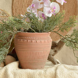 Ekaurr Terracotta Planter with Design featuring intricate hand-carved surface pattern, handmade earthy rustic pot for succulents, small plants or indoor decorative display