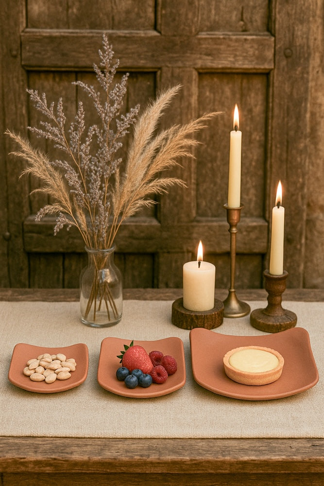 Ekaurr Terracotta Snack Set of 3 handmade natural clay snack plates or bowls crafted by rural Indian artisans, earthy artisan kitchen set for serving snacks dips and conscious everyday dining