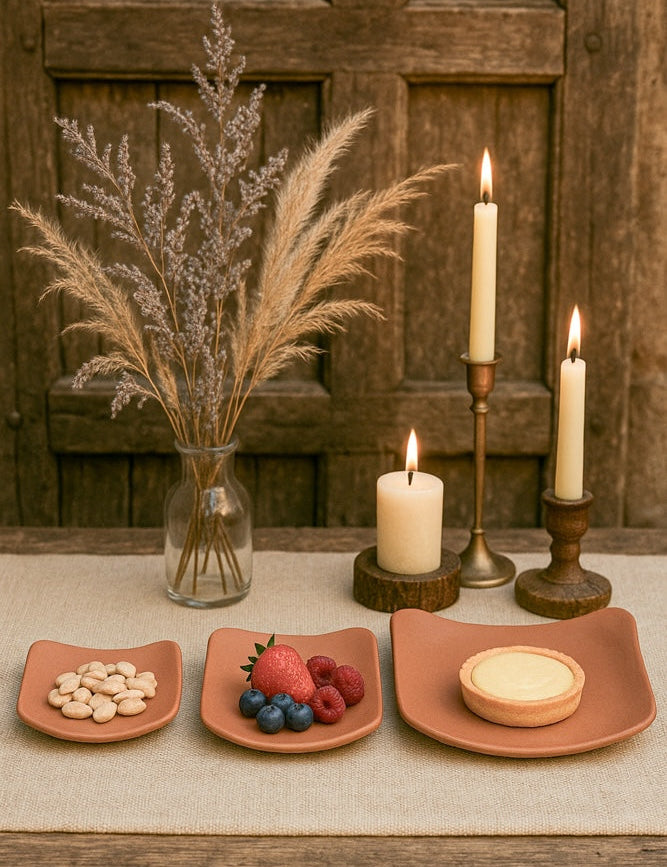 Ekaurr Terracotta Snack Set of 3 handmade natural clay snack plates or bowls crafted by rural Indian artisans, earthy artisan kitchen set for serving snacks dips and conscious everyday dining