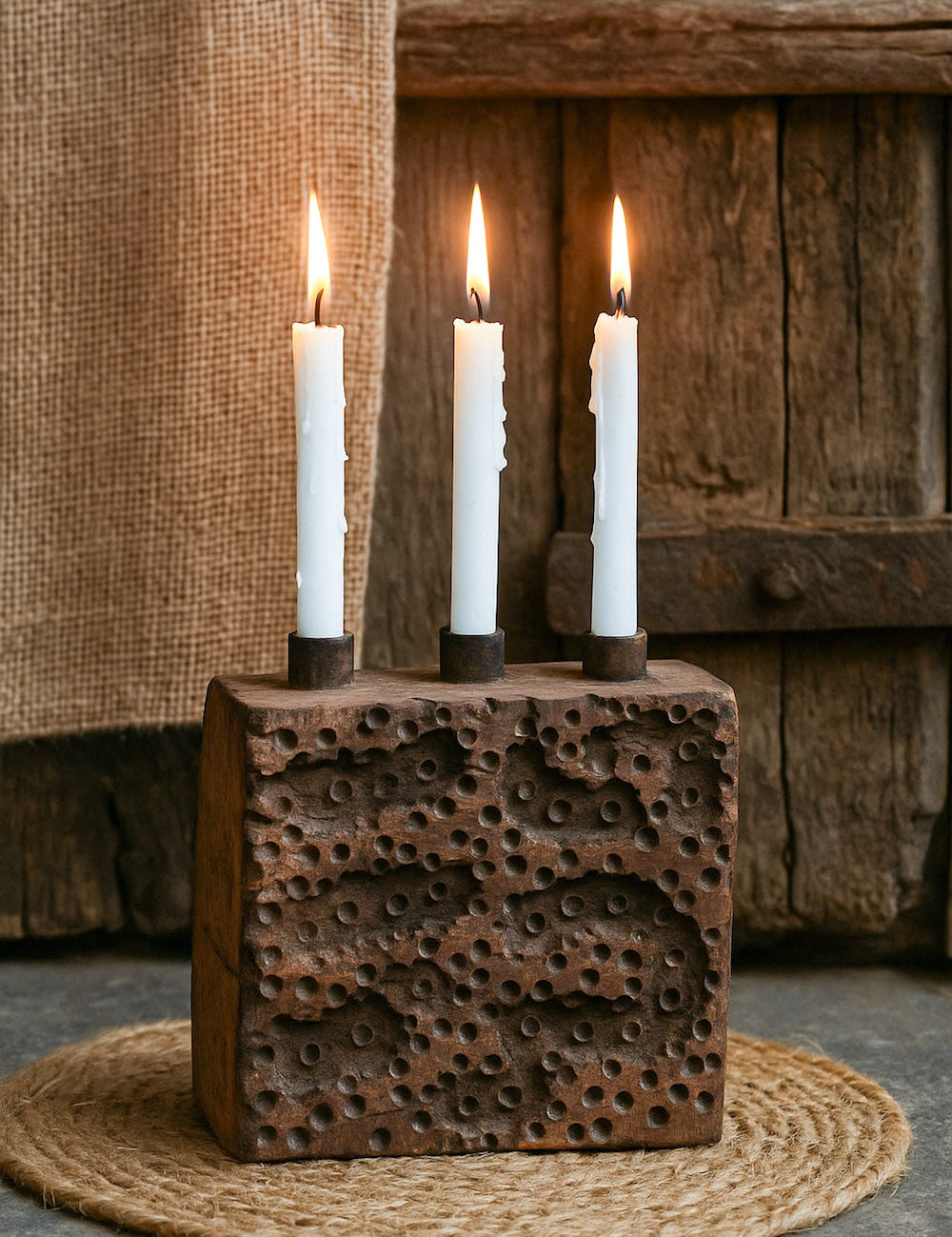 Ekaurr Textile Block Print Candle Holder set of 3, repurposed vintage hand-carved Indian textile printing block with rich patina, heritage candle display décor