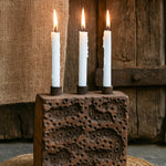 Ekaurr Textile Block Print Candle Holder set of 3, repurposed vintage hand-carved Indian textile printing block with rich patina, heritage candle display décor