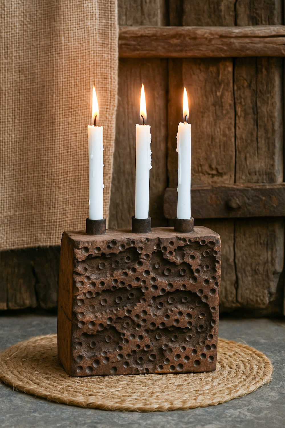 Ekaurr Textile Block Print Candle Holder set of 3, repurposed vintage hand-carved Indian textile printing block with rich patina, heritage candle display décor