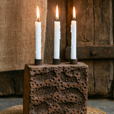 Ekaurr Textile Block Print Candle Holder set of 3, repurposed vintage hand-carved Indian textile printing block with rich patina, heritage candle display décor