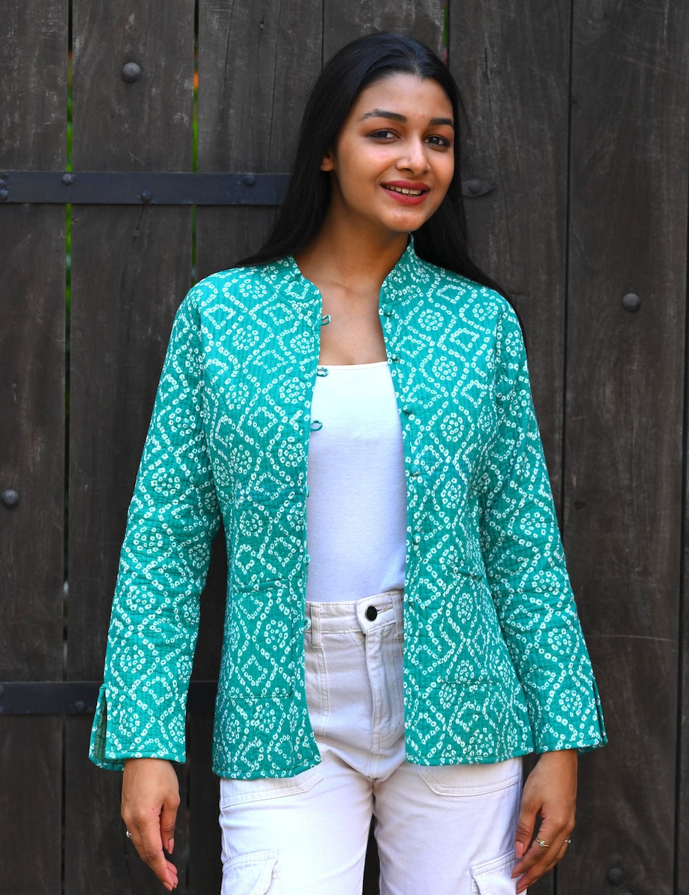 Ekaurr BIGDI The Aqua Raga Jacket cotton jacket in aqua tones with a raga-inspired rhythmic print or kantha surface, artisan slow fashion outerwear for women from the BIGDI collection