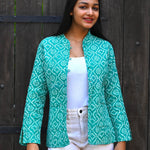 Ekaurr BIGDI The Aqua Raga Jacket cotton jacket in aqua tones with a raga-inspired rhythmic print or kantha surface, artisan slow fashion outerwear for women from the BIGDI collection