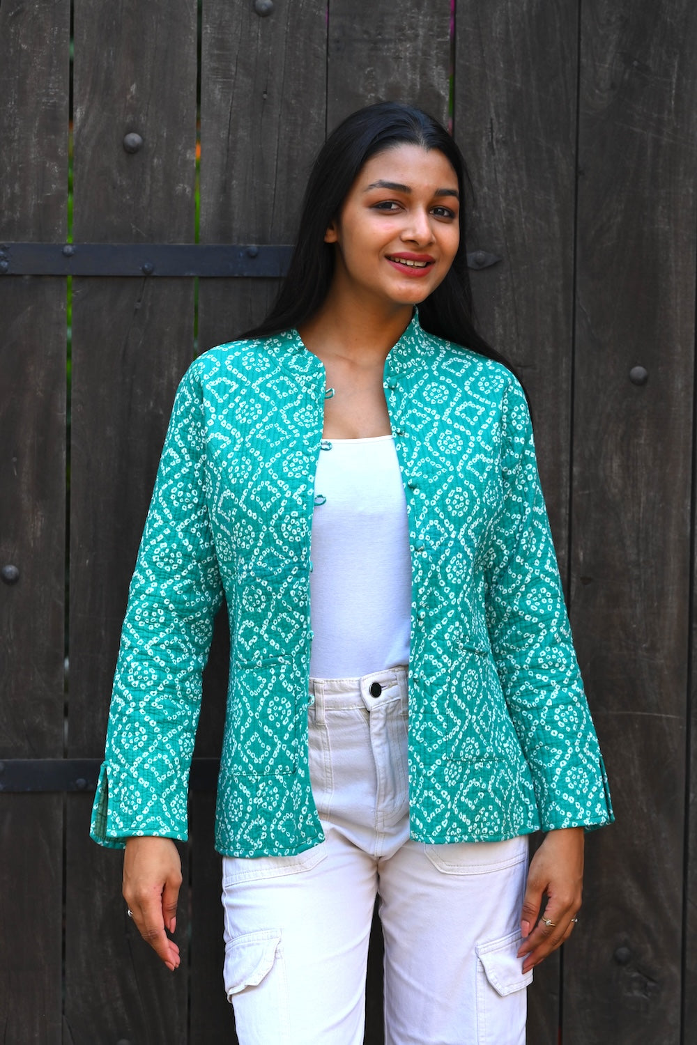 Ekaurr BIGDI The Aqua Raga Jacket cotton jacket in aqua tones with a raga-inspired rhythmic print or kantha surface, artisan slow fashion outerwear for women from the BIGDI collection
