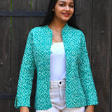 Ekaurr BIGDI The Aqua Raga Jacket cotton jacket in aqua tones with a raga-inspired rhythmic print or kantha surface, artisan slow fashion outerwear for women from the BIGDI collection