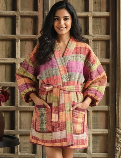 Ekaurr BIGDI The Artisan Hue Robe cotton open robe in a curated artisan palette of warm earthy hues with hand-dye or print detailing, artisan slow fashion layering piece for women from the BIGDI collection