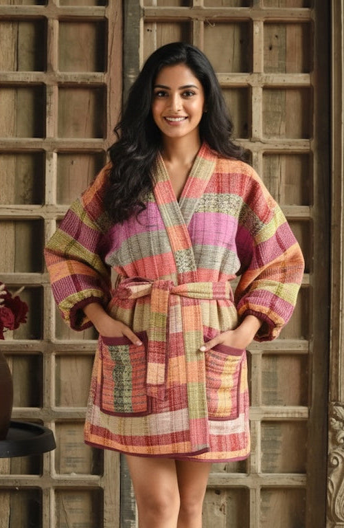 Ekaurr BIGDI The Artisan Hue Robe cotton open robe in a curated artisan palette of warm earthy hues with hand-dye or print detailing, artisan slow fashion layering piece for women from the BIGDI collection