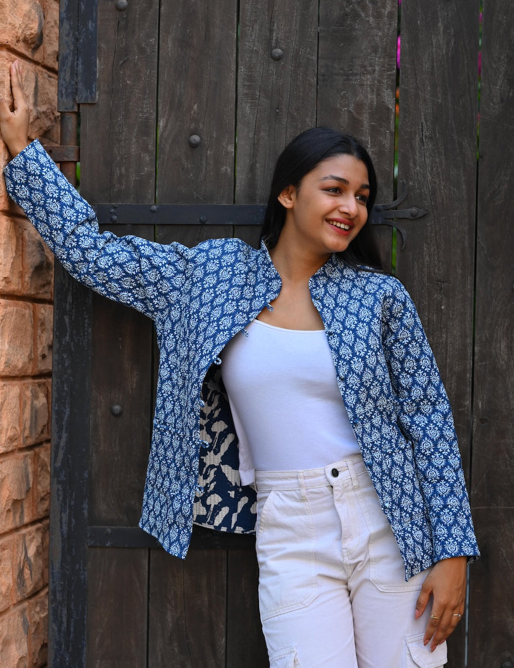 Ekaurr The Artisan Indigo Jacket handcrafted artisan jacket in hand-dyed indigo fabric with natural dye character and traditional Indian textile craft, slow fashion outerwear for conscious women's styling