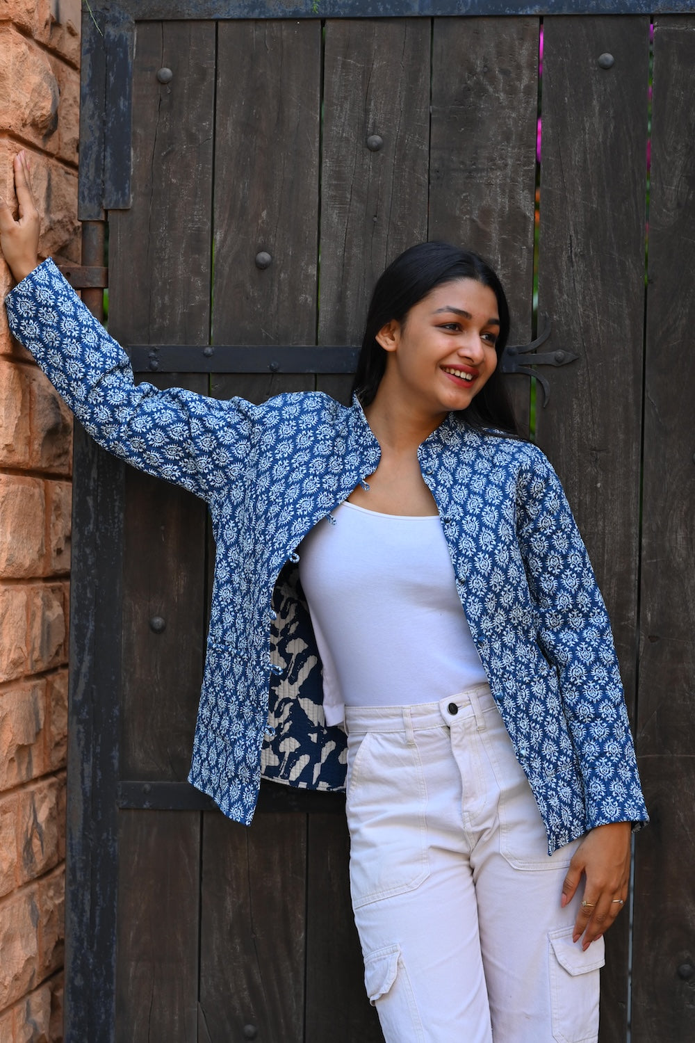 Ekaurr The Artisan Indigo Jacket handcrafted artisan jacket in hand-dyed indigo fabric with natural dye character and traditional Indian textile craft, slow fashion outerwear for conscious women's styling