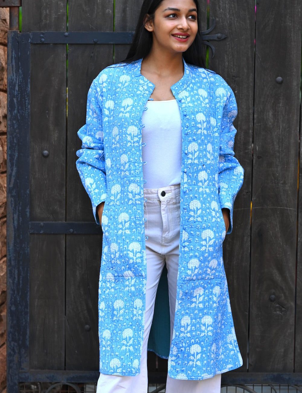 Ekaurr BIGDI The Blue City Threads Coat cotton quilted reversible coat in deep urban blue with city-inspired thread detailing, artisan slow fashion outerwear for women from the BIGDI Blazers Coats and Robes collection