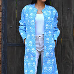 Ekaurr BIGDI The Blue City Threads Coat cotton quilted reversible coat in deep urban blue with city-inspired thread detailing, artisan slow fashion outerwear for women from the BIGDI Blazers Coats and Robes collection