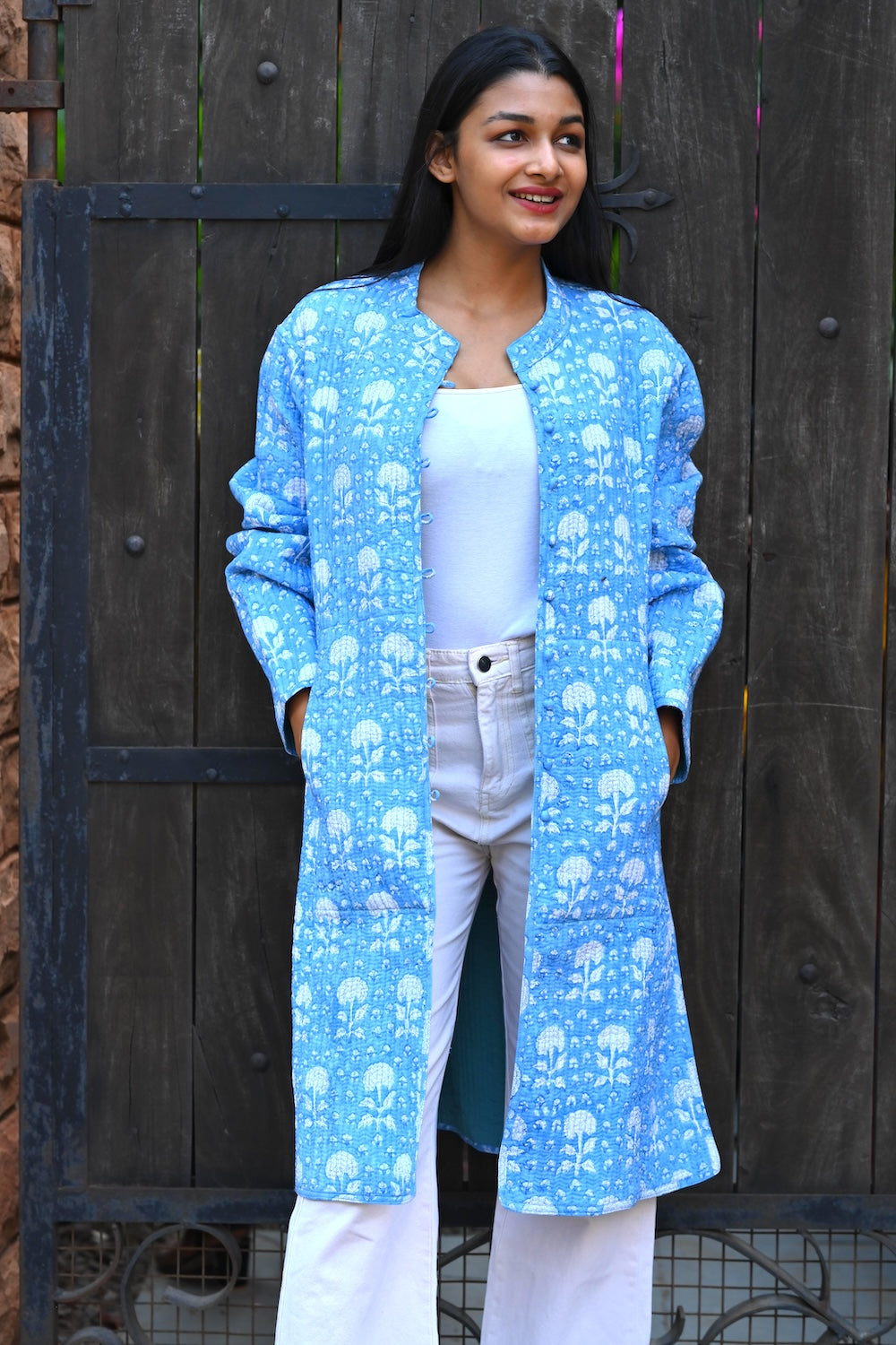 Ekaurr BIGDI The Blue City Threads Coat cotton quilted reversible coat in deep urban blue with city-inspired thread detailing, artisan slow fashion outerwear for women from the BIGDI Blazers Coats and Robes collection