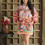 Ekaurr BIGDI The Chromatic Kantha Robe cotton open robe in a full-spectrum chromatic kantha stitch patchwork of layered folk fabric panels, artisan slow fashion layering piece for women from the BIGDI collection