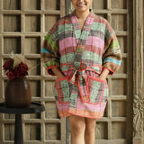 Ekaurr BIGDI The Colour Mosaic Robe cotton open robe in a bold mosaic of multicolour patchwork or kantha panels, artisan slow fashion layering piece for women from the BIGDI Blazers Coats and Robes collection