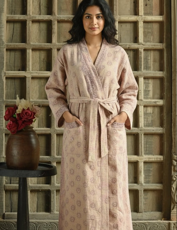 Ekaurr BIGDI The Eco Stitch Robe cotton open robe handcrafted from eco-conscious upcycled fabrics with visible hand-stitch surface detailing, artisan slow fashion layering piece for conscious women from the BIGDI collection