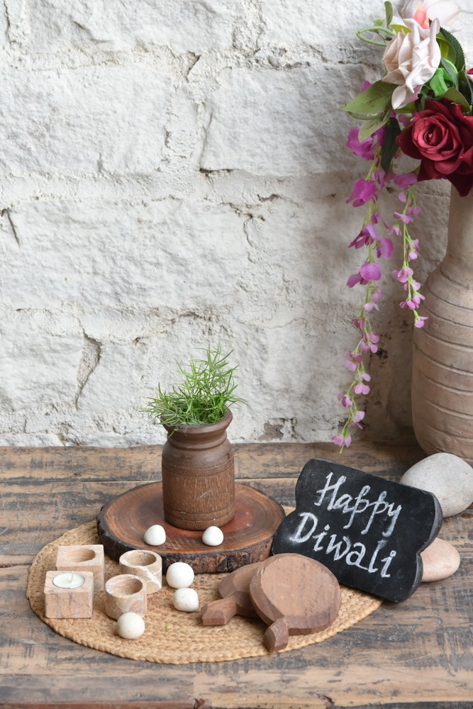 Ekaurr The Forest Flame Gift Set curated artisan gift set of forest stone or reclaimed wood tea light holders with natural earthy accent pieces and complimentary greeting card, nature-inspired sustainable gifting for home ambience and woodland-styled spaces