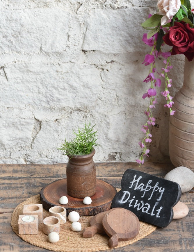Ekaurr The Forest Flame Gift Set curated artisan gift set of forest stone or reclaimed wood tea light holders with natural earthy accent pieces and complimentary greeting card, nature-inspired sustainable gifting for home ambience and woodland-styled spaces