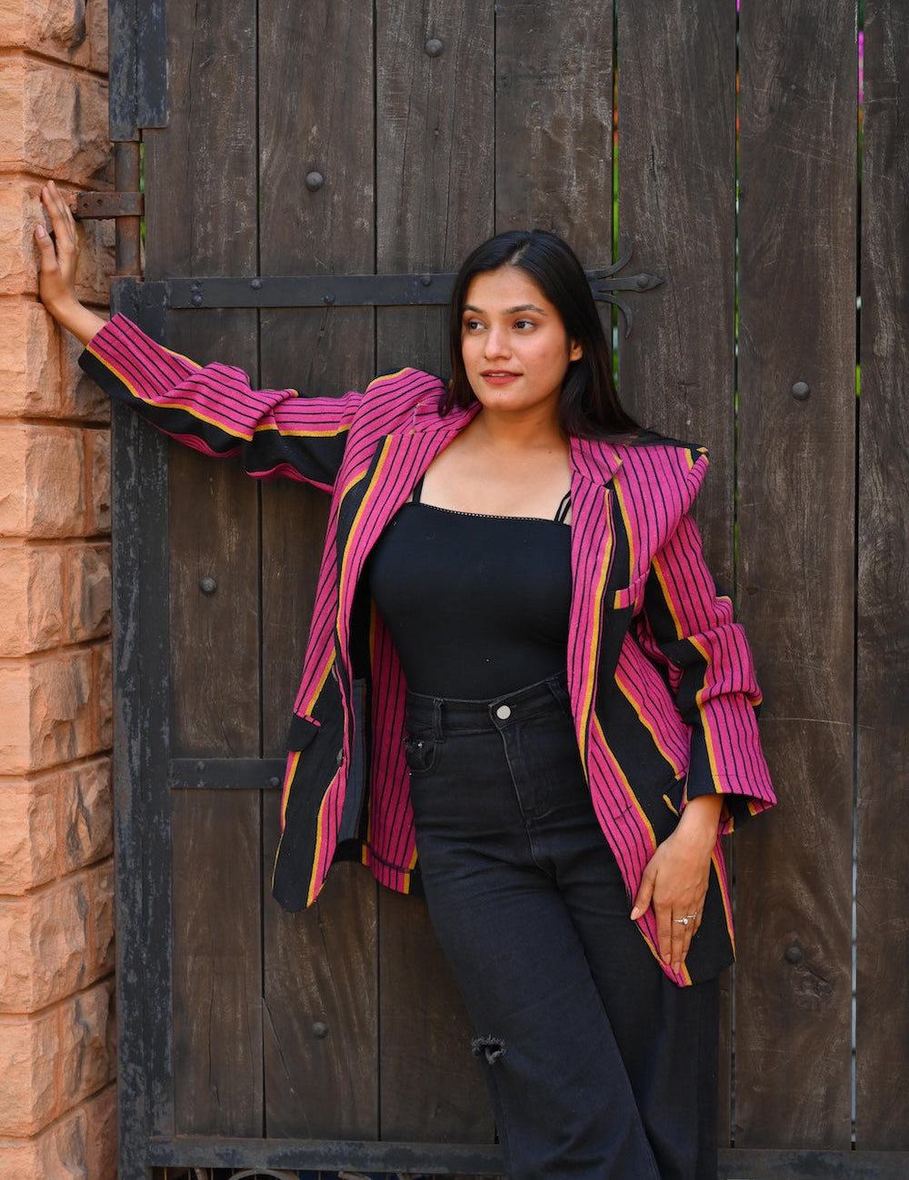 Ekaurr BIGDI The Fuchsia Line Blazer cotton quilted blazer in bold fuchsia with a linear graphic composition, artisan slow fashion statement outerwear for women from the BIGDI Blazers Coats and Robes collection