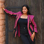Ekaurr BIGDI The Fuchsia Line Blazer cotton quilted blazer in bold fuchsia with a linear graphic composition, artisan slow fashion statement outerwear for women from the BIGDI Blazers Coats and Robes collection