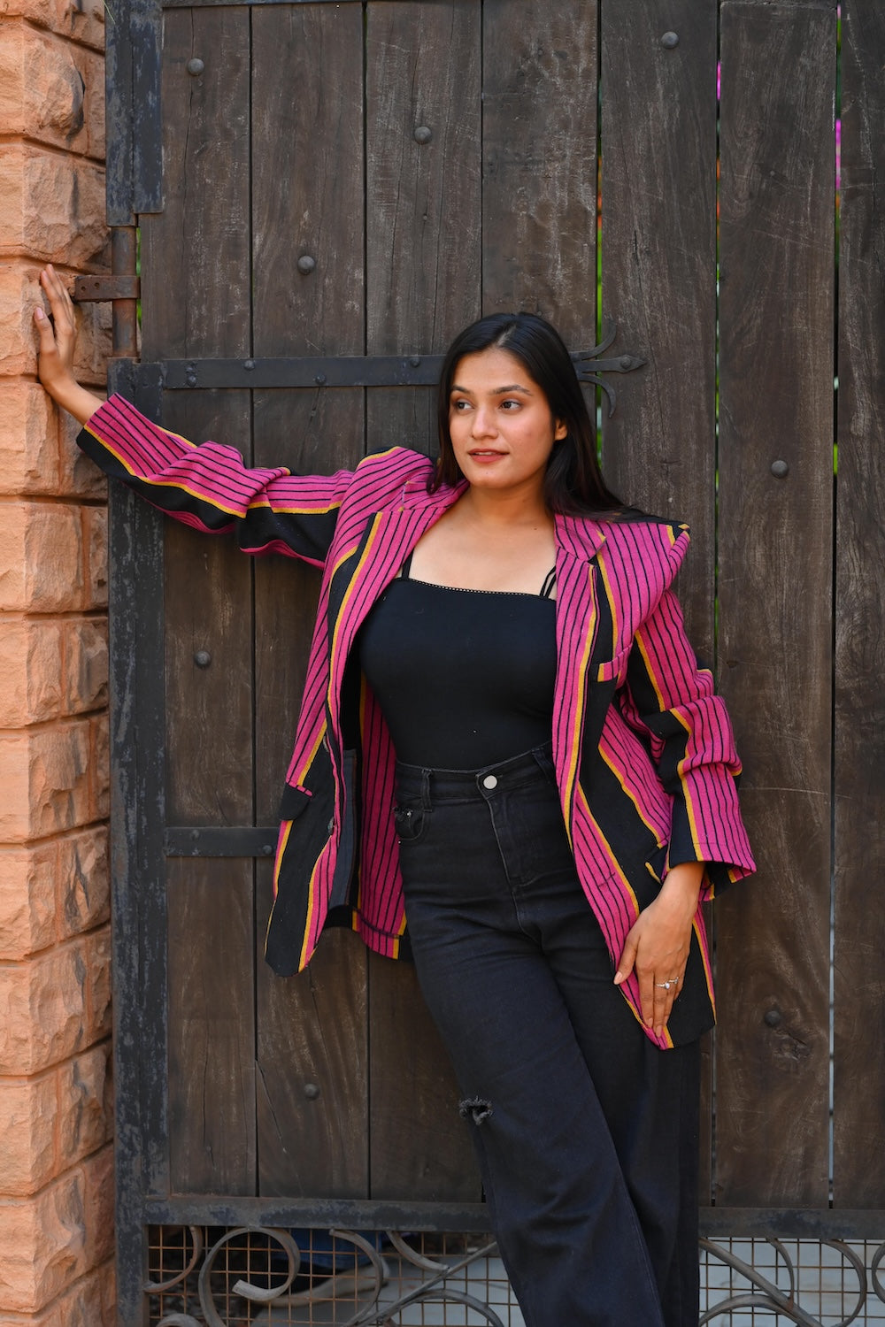 Ekaurr BIGDI The Fuchsia Line Blazer cotton quilted blazer in bold fuchsia with a linear graphic composition, artisan slow fashion statement outerwear for women from the BIGDI Blazers Coats and Robes collection