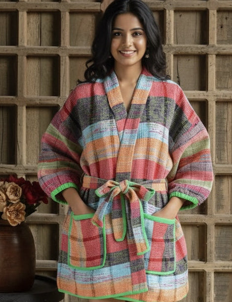 Ekaurr BIGDI The Handwoven Saga Robe cotton open robe with a richly handwoven or woven-textile surface celebrating the saga of Indian handloom craft, artisan slow fashion layering piece for women from the BIGDI collection