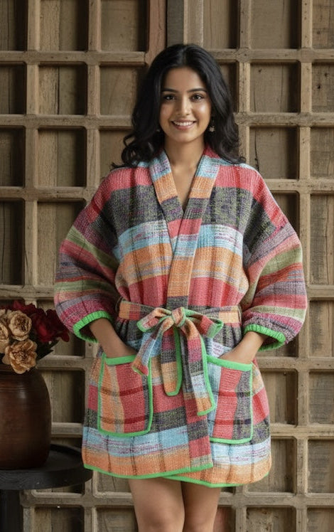 Ekaurr BIGDI The Handwoven Saga Robe cotton open robe with a richly handwoven or woven-textile surface celebrating the saga of Indian handloom craft, artisan slow fashion layering piece for women from the BIGDI collection