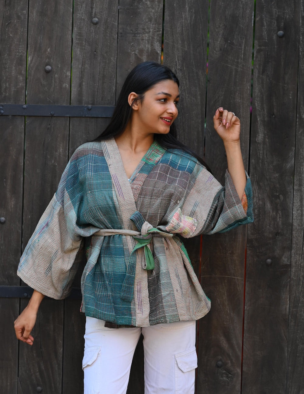 Ekaurr The Kantha Wrap Kimono handcrafted open wrap kimono in layered kantha stitch fabric with folk patchwork panels, artisan slow fashion layering piece for boho and conscious women's styling