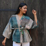 Ekaurr The Kantha Wrap Kimono handcrafted open wrap kimono in layered kantha stitch fabric with folk patchwork panels, artisan slow fashion layering piece for boho and conscious women's styling