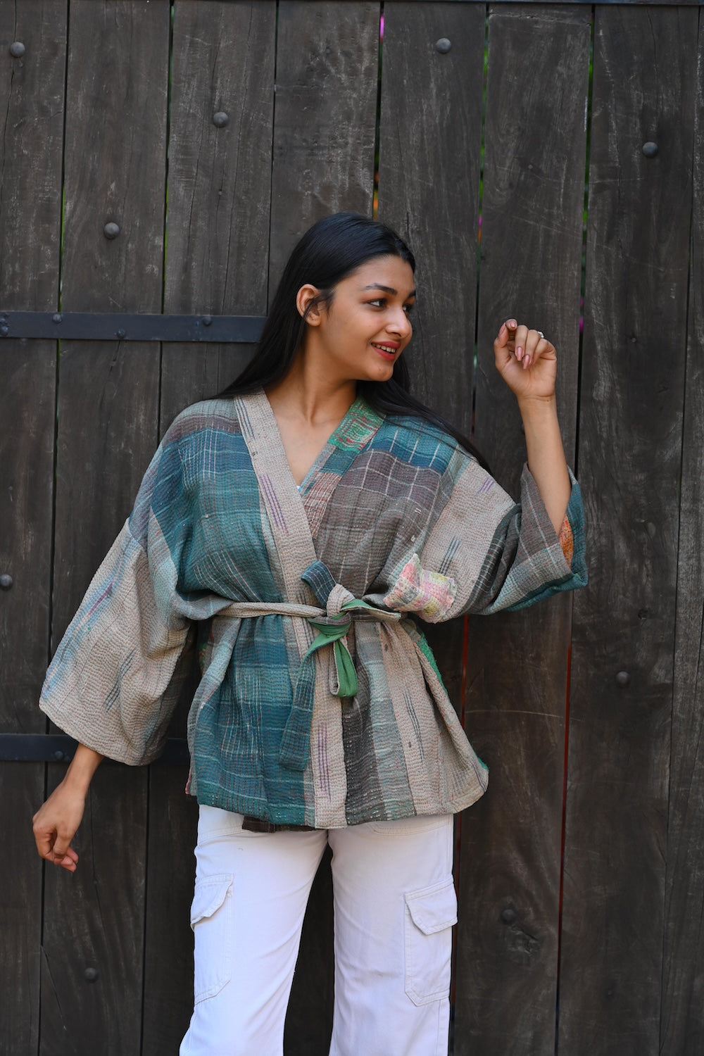 Ekaurr The Kantha Wrap Kimono handcrafted open wrap kimono in layered kantha stitch fabric with folk patchwork panels, artisan slow fashion layering piece for boho and conscious women's styling