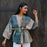 Ekaurr The Kantha Wrap Kimono handcrafted open wrap kimono in layered kantha stitch fabric with folk patchwork panels, artisan slow fashion layering piece for boho and conscious women's styling