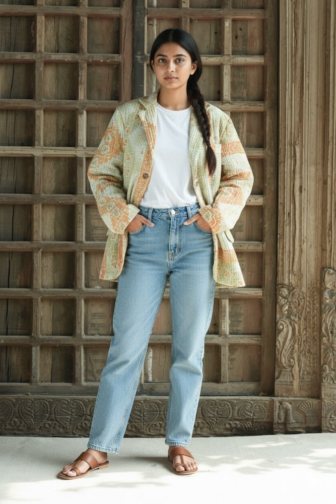 Ekaurr The Legacy Thread Blazer handcrafted artisan blazer in heritage kantha or upcycled fabric with a legacy thread embroidered or stitched surface, slow fashion statement outerwear for conscious women's styling
