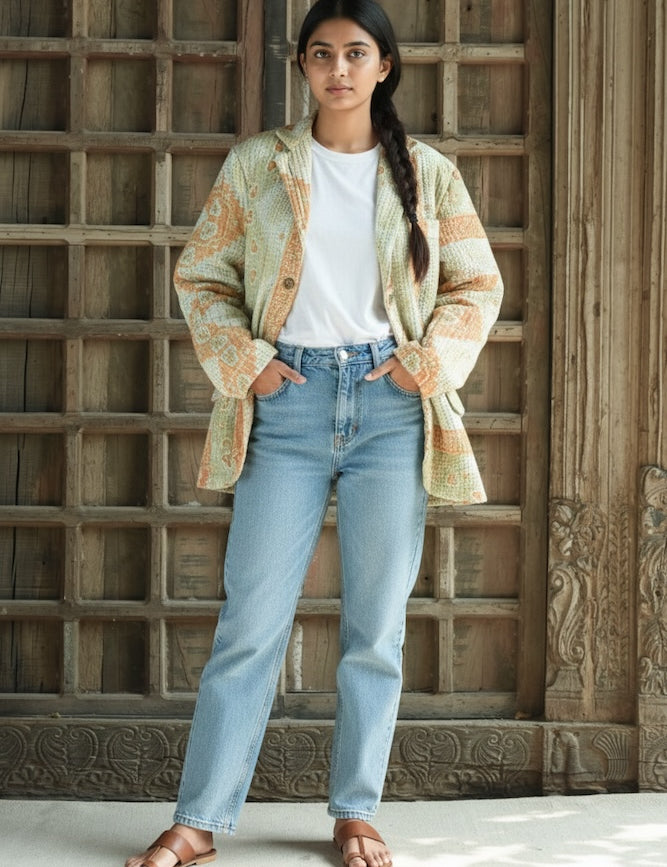Ekaurr The Legacy Thread Blazer handcrafted artisan blazer in heritage kantha or upcycled fabric with a legacy thread embroidered or stitched surface, slow fashion statement outerwear for conscious women's styling