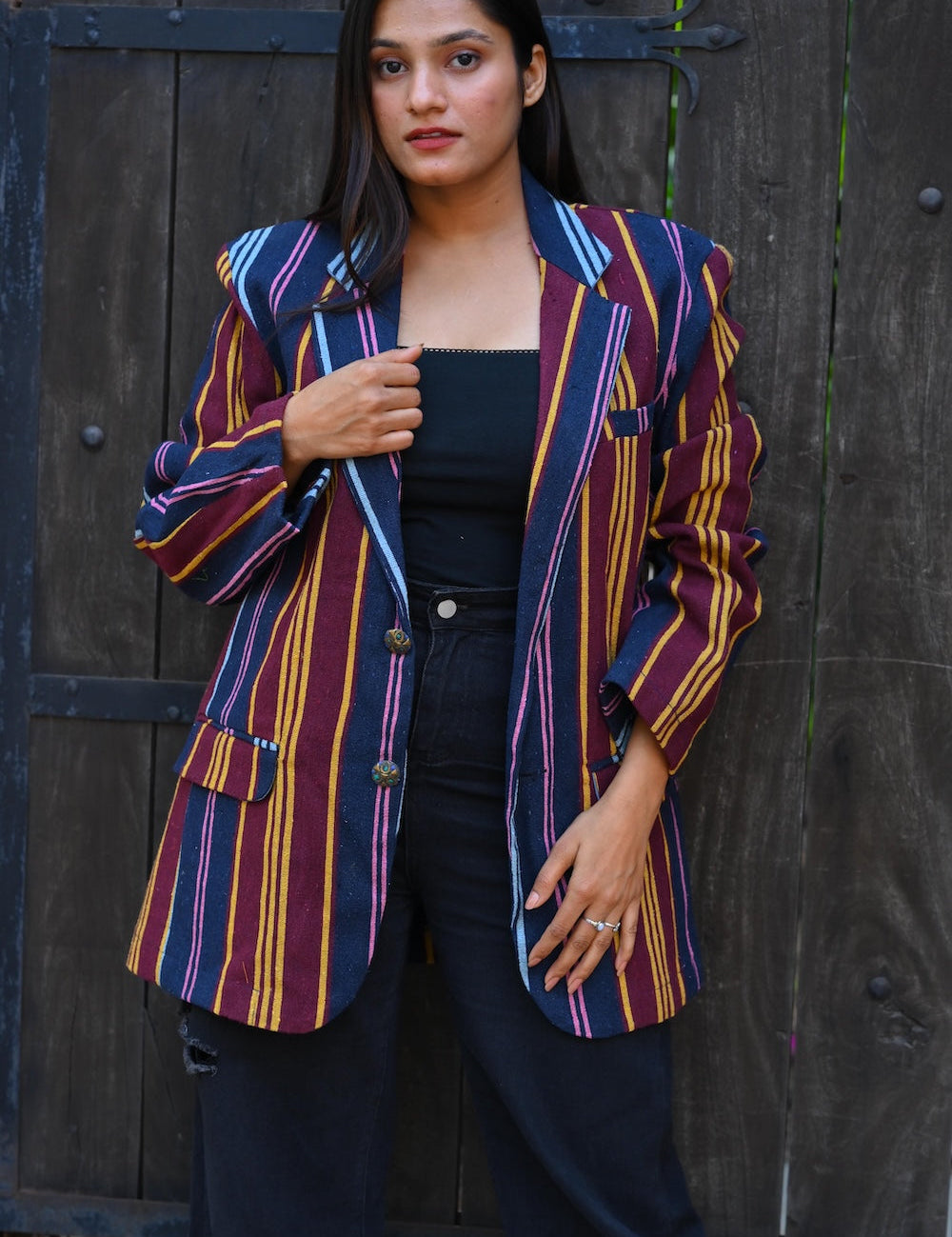 Ekaurr BIGDI The Line Up Blazer cotton quilted blazer with a structured linear graphic composition in bold tonal contrast, artisan slow fashion statement outerwear for women from the BIGDI Blazers Coats and Robes collection