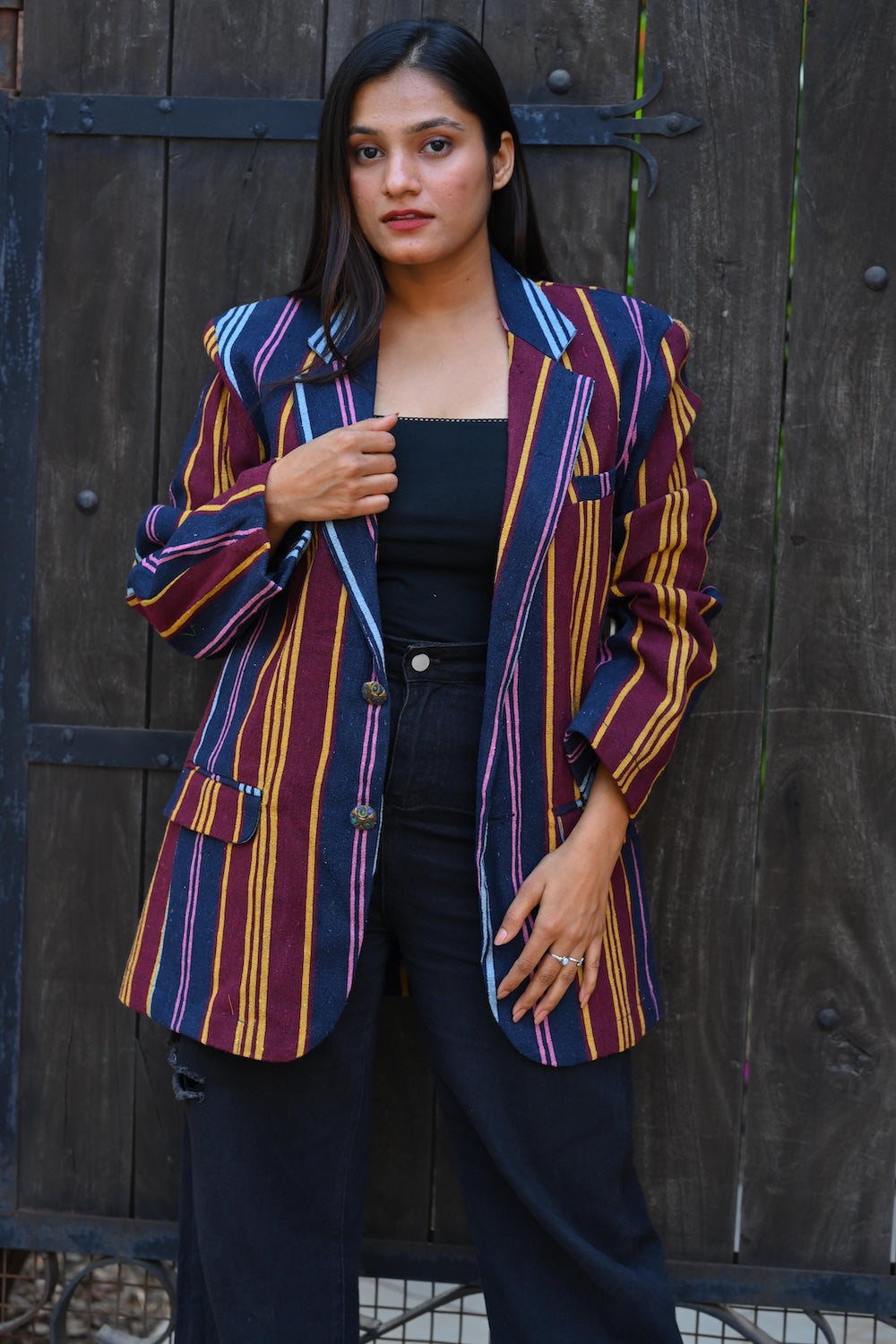 Ekaurr BIGDI The Line Up Blazer cotton quilted blazer with a structured linear graphic composition in bold tonal contrast, artisan slow fashion statement outerwear for women from the BIGDI Blazers Coats and Robes collection