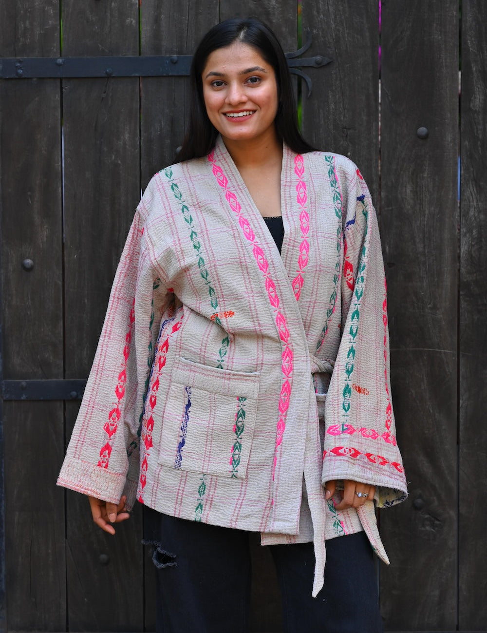 Ekaurr BIGDI The Neon Drift Kimono cotton open kimono with drifting neon-bright print panels in a bold contemporary colour palette, artisan slow fashion layering piece for women from the BIGDI collection