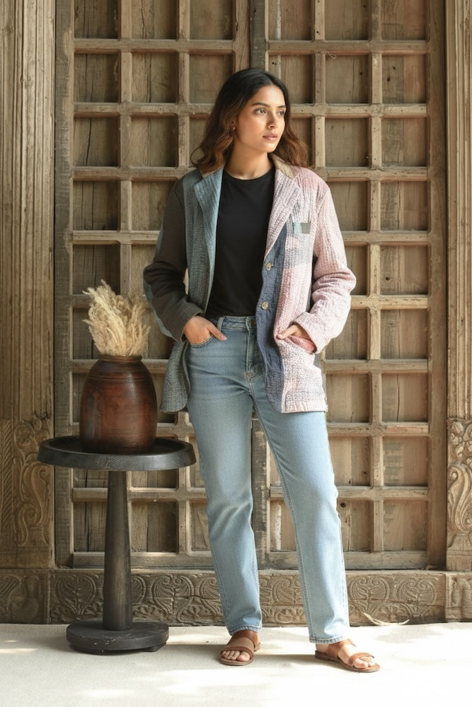 Ekaurr BIGDI The Patchwork Revival Blazer handcrafted blazer in a bold revival of traditional Indian patchwork panels with vibrant folk textile character, artisan slow fashion statement outerwear for conscious women's styling