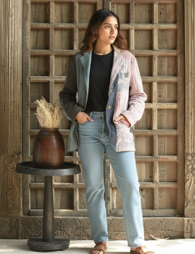 Ekaurr BIGDI The Patchwork Revival Blazer handcrafted blazer in a bold revival of traditional Indian patchwork panels with vibrant folk textile character, artisan slow fashion statement outerwear for conscious women's styling