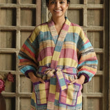 Ekaurr BIGDI The Prism Robe cotton open robe with a prismatic spectrum of colour panels in a flowing relaxed drape, artisan slow fashion layering piece for women from the BIGDI Blazers Coats and Robes collection