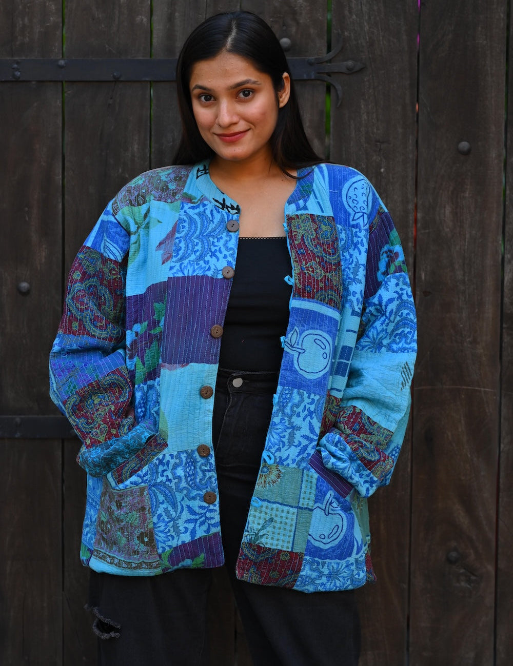 Ekaurr BIGDI The Purple Blue Canvas Jacket handcrafted cotton or canvas jacket in a bold purple and blue tonal composition, artisan slow fashion outerwear for women from the BIGDI Blazers Coats and Robes collection