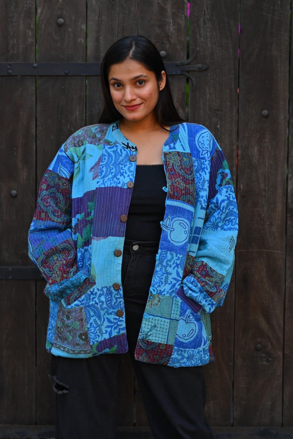 Ekaurr BIGDI The Purple Blue Canvas Jacket handcrafted cotton or canvas jacket in a bold purple and blue tonal composition, artisan slow fashion outerwear for women from the BIGDI Blazers Coats and Robes collection