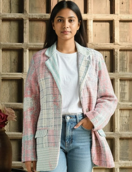 Ekaurr BIGDI The Recrafted Edit Blazer handcrafted blazer built from recrafted upcycled textiles in a curated editorial composition, artisan slow fashion statement outerwear for conscious women celebrating Indian craft