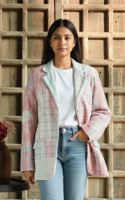 Ekaurr BIGDI The Recrafted Edit Blazer handcrafted blazer built from recrafted upcycled textiles in a curated editorial composition, artisan slow fashion statement outerwear for conscious women celebrating Indian craft