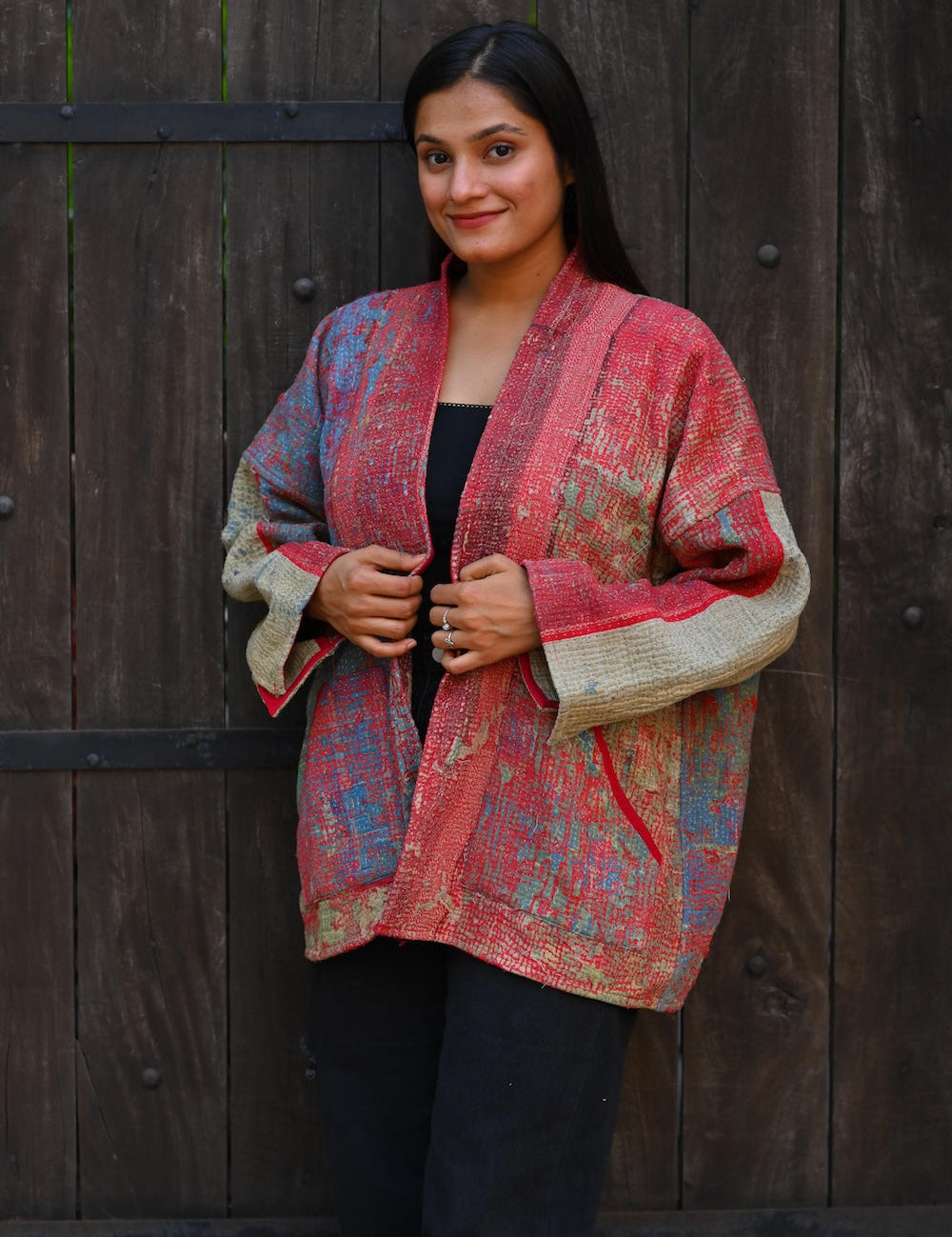 Ekaurr BIGDI The Ruby Wrap Kimono cotton open wrap kimono in deep jewel ruby tones with a relaxed flowing drape, artisan slow fashion layering piece for women from the BIGDI Blazers Coats and Robes collection